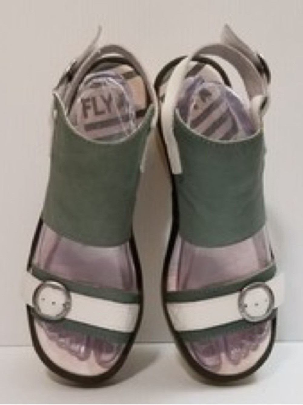 Fly London Green and White Leather Open-Toe Slingback Sandals size 8